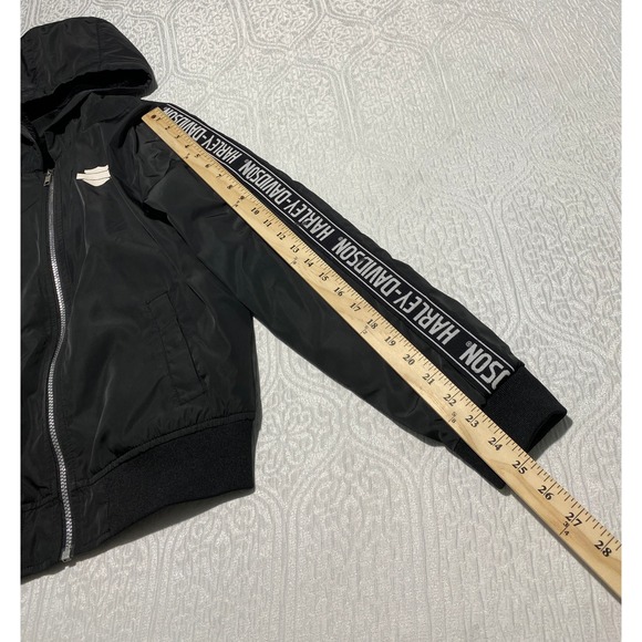 Harley Davidson Black Hooded Bomber Jacket With Logo Tape Size S - Picture 11 of 12